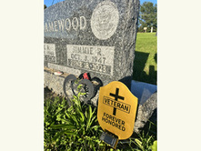 Gold metal Veteran Grave Marker with solar light and American flag at a cemetery